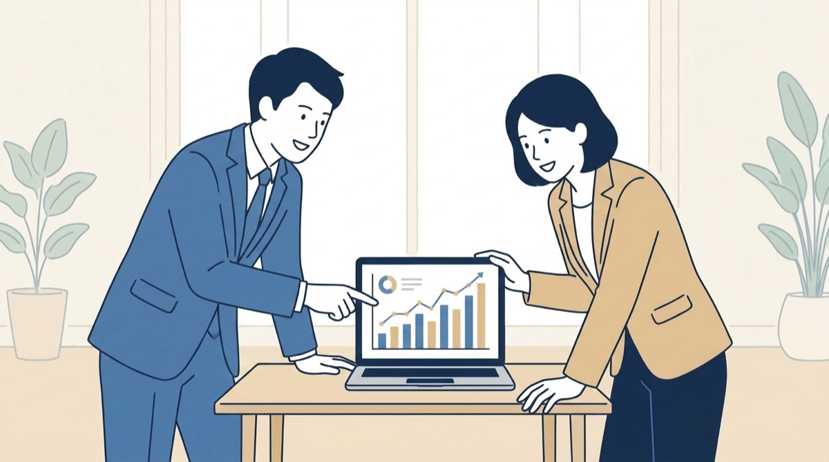 伴走支援のイメージ。売上データを見ながら打ち合わせをするメンバー